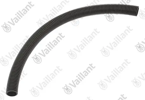Flexibles, gewelltes Rohr in Schwarz, hergestellt von Vaillant, mit einer geschwungenen Form. Ideal für verschiedene Installationen in Heizungs- oder Rohrleitungssystemen.